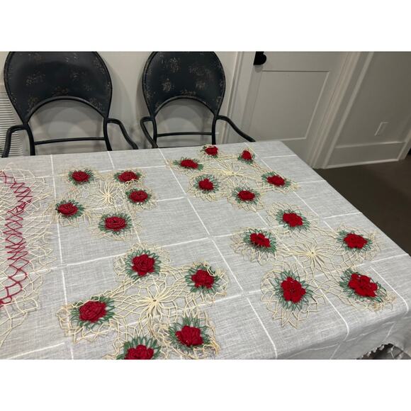 Vintage Hand-Crocheted Christmas Doilies Red Poinsettia Floral Set Holiday - Picture 2 of 7